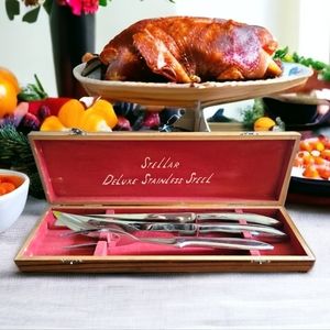 Vtg Stellar 3 Piece Carving Set Deluxe Stainless Steel Mahogany 2 Knives Fork